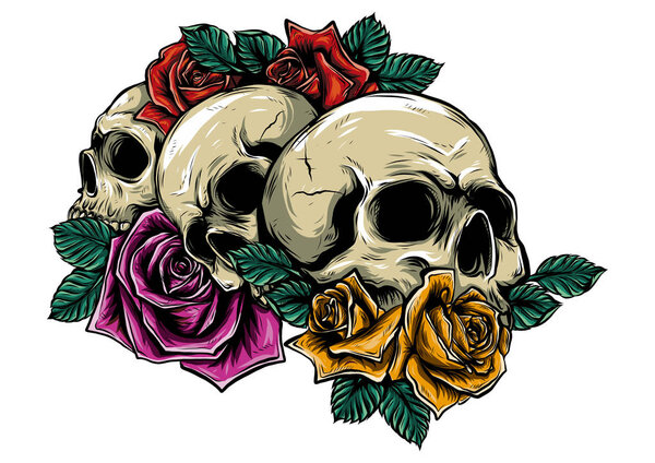 Человеческие черепа с розами на белом фоне
