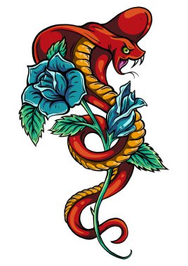 Gül desenli dövme ve yılan. Geleneksel siyah nokta stili mürekkep. Gül izole vektör çizim. Geleneksel dövme eski moda stil mürekkep dövme. Yılan illüstrasyon siluet. Kara yılan.