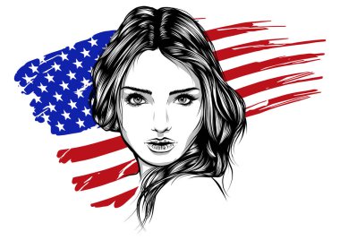Arka planda Amerikan bayrağı ile güzel bir genç kadın İllüstrasyon.