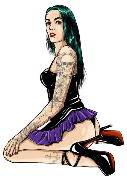 Een sexy meisje met lang haar is bedekt met tatoeages in een oude school stijl. Vector gedetailleerde illustratie. Vintage klassieke tattoo inkt op lichaam. — Stockvector