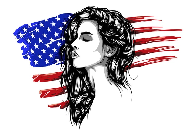 Illustrazione di una bella giovane donna con la bandiera americana sullo sfondo . — Vettoriale Stock