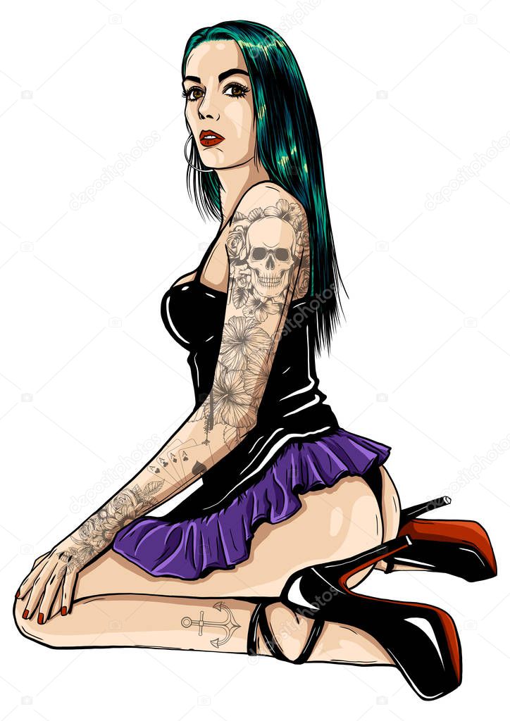A sexy girl with long hair is covered with tattoos in an old school style. Vector detailed illustration. Vintage classic Tattoo ink on body.