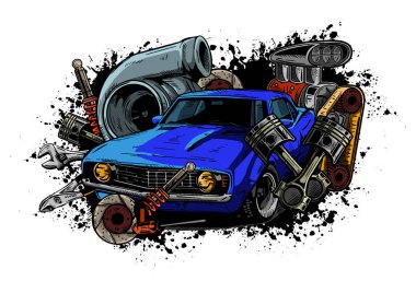 Eski araba parçaları koleksiyonu otomobil motor piston direksiyon direksiyon farları hız göstergesi vites kutusu şok emici izole vektör çizimi