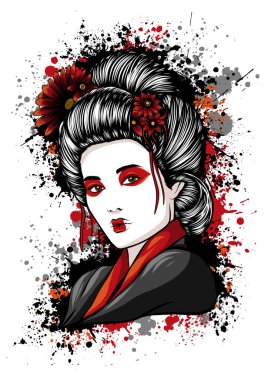 Güzel Japon Geyşa Sıyrık Kırmızı Fan Vektör İllüstrasyon Tutar.