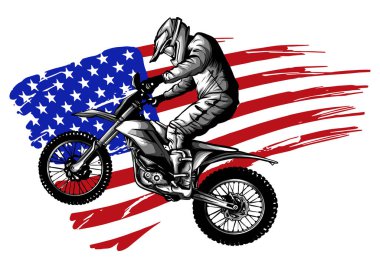 El çizilmiş ve Amerikan bayrağı ile mürekkepli Amerikan motokros motosiklet