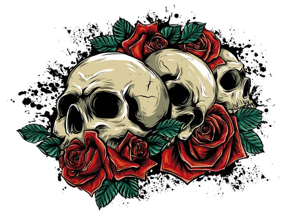 Calaveras humanas con rosas sobre fondo blanco — Vector de stock