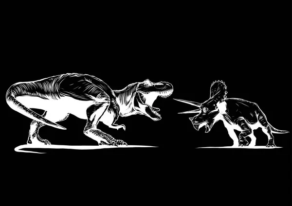T Rex Versus Triceratops ilustração com um tiranossauro rex atacando um dinossauro triceratops —  Vetores de Stock