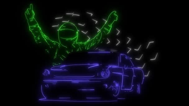 チェッカーフラッグレーストラックアニメーションでスピードレーシングカー — ストック動画