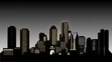 Pembe aya karşı Synthwave şehir, güzel döngülenebilir arka plan, animasyon. Gece şehrinde gökdelenler ve neon