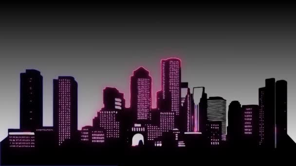 Synthwave Stad Tegen Pink Moon Mooie Loop Bare Achtergrond Animatie — Stockvideo