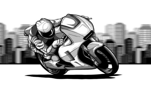 Motorcyclist rides against the backdrop of a large city. Loop animation with alpha channel. — Stock Video