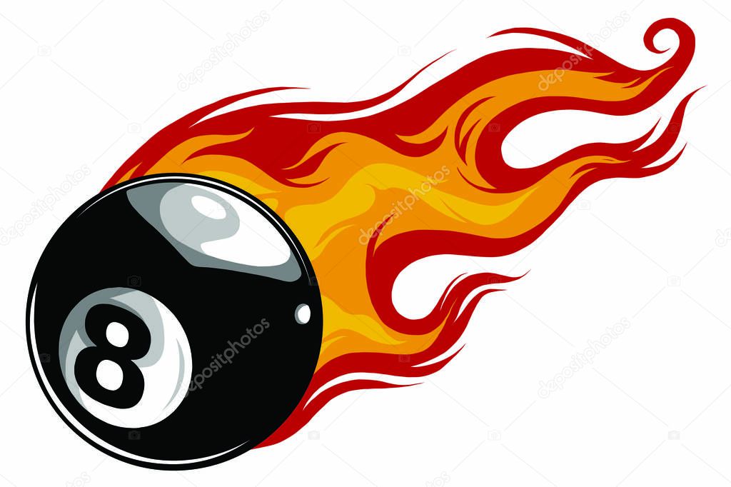 Vector illustration of billiards pool snooker 8 ball with simple flames. Ideal for stickers, decals, sport logo design element and any kind of decoration.