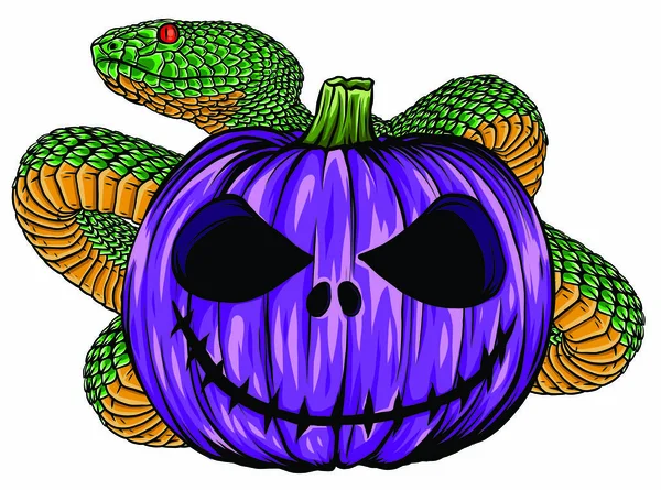 Viper snake. serpent with Halloween pumpkin illustration — Stock Vector