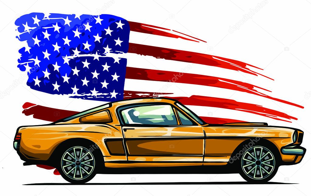 Vector graphic design illustration of an American muscle car with stars and stripes flag isolated on white