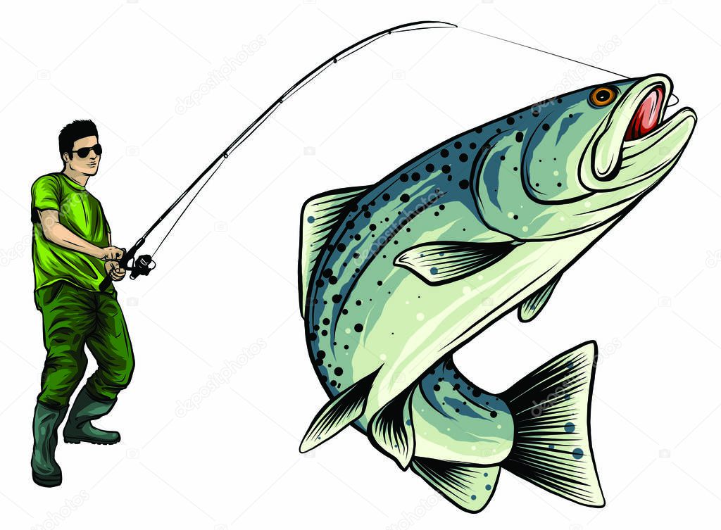 Fishing design for vector. A fisherman catches a boat on a wave.