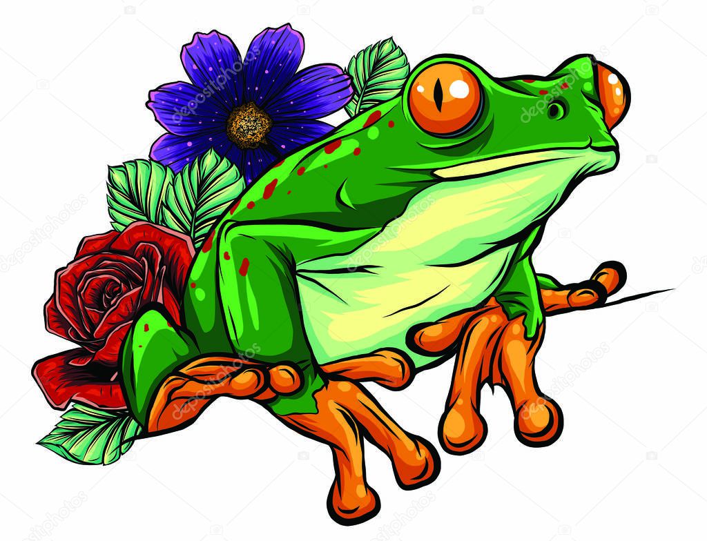 Cute frog cartoon. Cartoon frog sitting with flower, Vector illustration