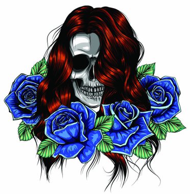 İskeleti olan kız el yapımı vektör çizimi. Santa Muerte kadın cadı portresi.