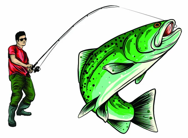 Diseño de pesca para vector. Un pescador coge un barco en una ola . — Vector de stock