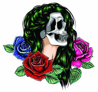 İskeleti olan kız el yapımı vektör çizimi. Santa Muerte kadın cadı portresi Ölü Yüz Sanatı Günü