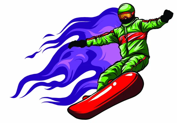 Snowboarder cuervo en el fuego vector ilustración arte — Archivo Imágenes Vectoriales