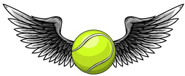 Realistic tennis ball with raised up white wings emblem vector clipart