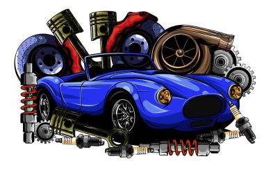 Eski araba parçaları koleksiyonu otomobil motor piston direksiyon direksiyon farları hız göstergesi vites kutusu şok emici izole vektör çizimi