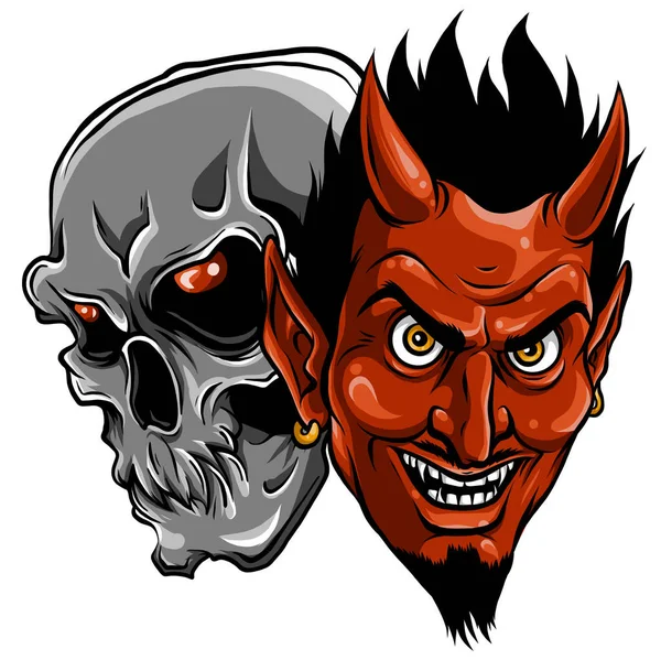 Demon Duivel en schedel Hoofd Vector Illustratie — Stockvector