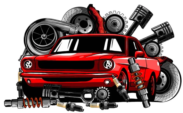 Vintage colección de componentes de automóviles witn motor motor pistón volante neumáticos faros velocímetro caja de cambios amortiguador aislado vector ilustración — Vector de stock