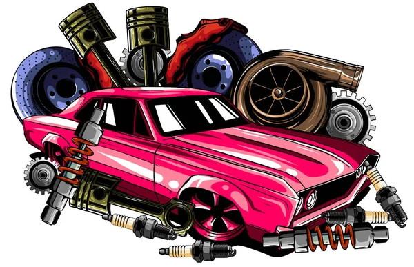 Vintage carro componentes coleção witn automóvel motor motor pistão volante pneu faróis velocímetro caixa de velocidades amortecedor isolado vetor ilustração —  Vetores de Stock