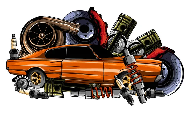 Vintage colección de componentes de automóviles witn motor motor pistón volante neumáticos faros velocímetro caja de cambios amortiguador aislado vector ilustración — Vector de stock