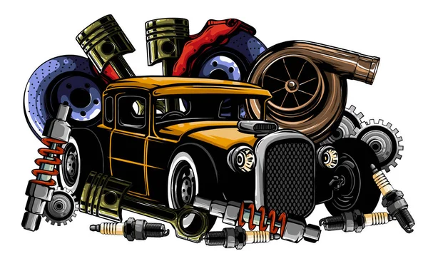 Vintage συλλογή εξαρτημάτων αυτοκινήτων με κινητήρα κινητήρα εμβόλου τιμόνι ελαστικά προβολείς ταχύμετρο κιβώτιο ταχυτήτων αμορτισέρ απομονωμένη διανυσματική απεικόνιση — Διανυσματικό Αρχείο