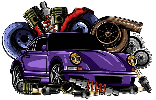 Vintage colección de componentes de automóviles witn motor motor pistón volante neumáticos faros velocímetro caja de cambios amortiguador aislado vector ilustración — Vector de stock