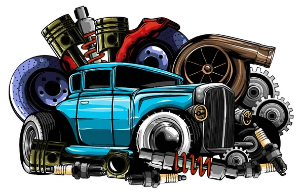 Vintage car components collection witn automobile motor engine piston steering wheel tire headlights speedometer gearbox shock absorber isolated vector illustration — Stock Vector