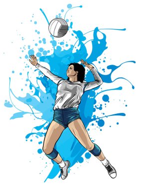 Voleybol Spor Kızı ve Top Çizgi Filmi Vektör İllüstrasyonu