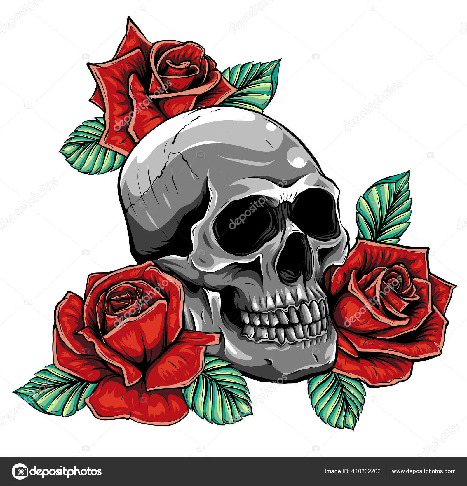 Totenkopf mit Blumen, mit Rosen. Zeichnen von Hand. Illustration  Stock-Vektorgrafik von ©deanzangir@gmail.com 410362202