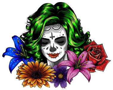 İskeleti olan kız el yapımı vektör çizimi. Santa Muerte kadın cadı portresi.