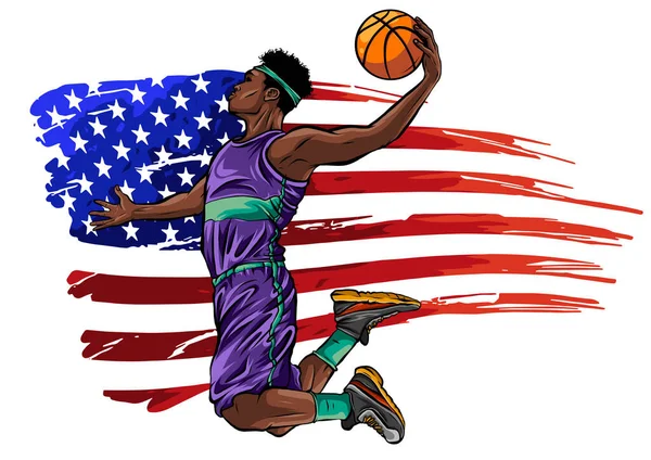Ilustración creativa de un jugador de baloncesto sobre fondo de colores de bandera americana — Vector de stock