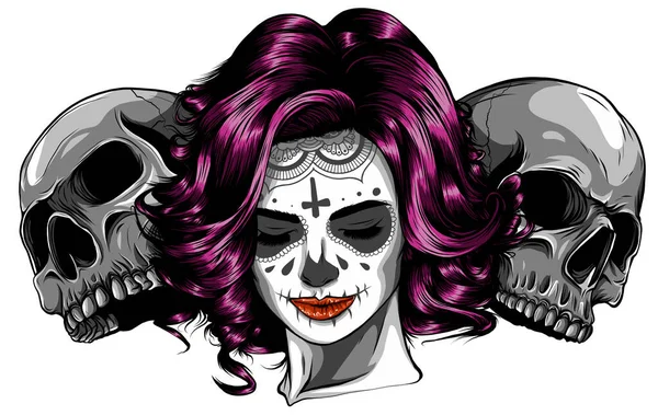 Chica muerta con dos cráneos de azúcar. vector — Vector de stock