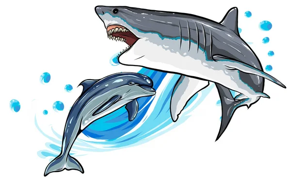 Ilustracja Delfin i Rekin. Śmieszne kreskówki i wektor pojedyncze postacie. — Wektor stockowy