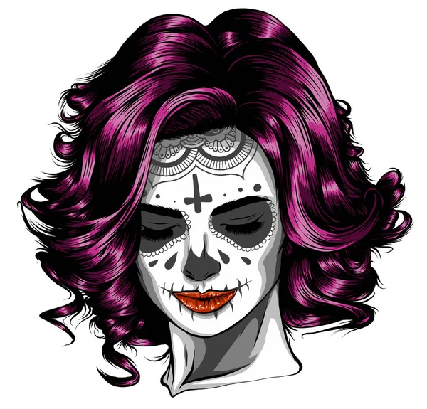 Femme avec Crâne de Sucre Visage Peinture vectorielle illustration — Image vectorielle