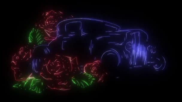 Вінтажний автомобіль з трояндами, гараж з гарячим стрижнем, цифрове неонове відео — стокове відео