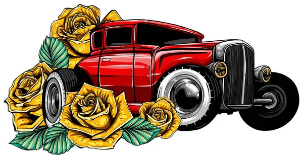 Coche de la vendimia, garaje de la barra caliente, coche de hotrods, coche de la vieja escuela, — Vector de stock