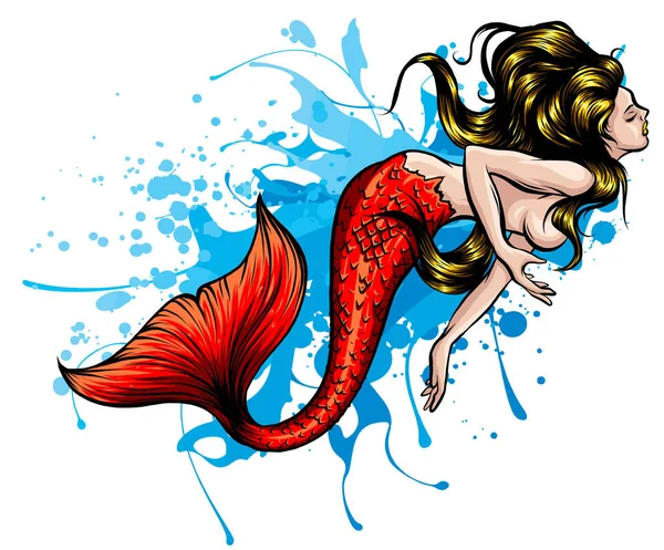 Portrait d'une sirène aux cheveux fluides, illustration vectorielle dessinée à la main — Image vectorielle