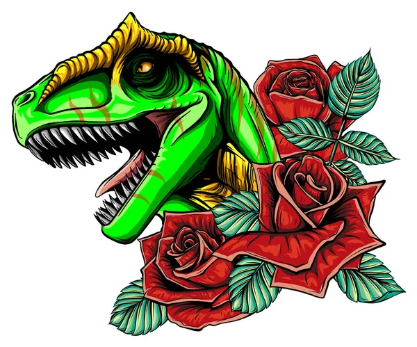 Quadro de dinossauro e rosas. design vetorial. Desenho de arte conceptual. —  Vetores de Stock