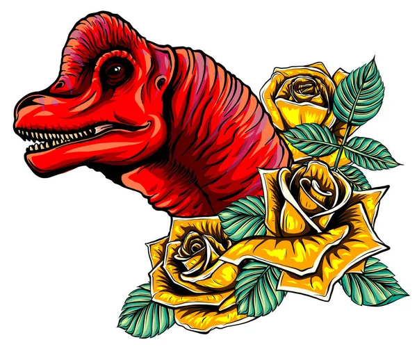 Dinosaur and roses frame. vector design. Concept art drawing. — Stock Vector