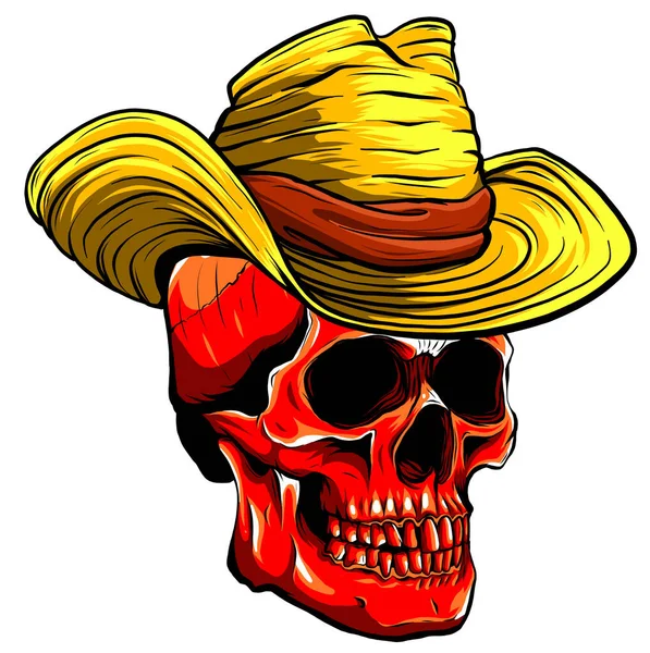 Çizgi film tarzında keçeli şapkalı ürkütücü kovboy kafatası karakteri.