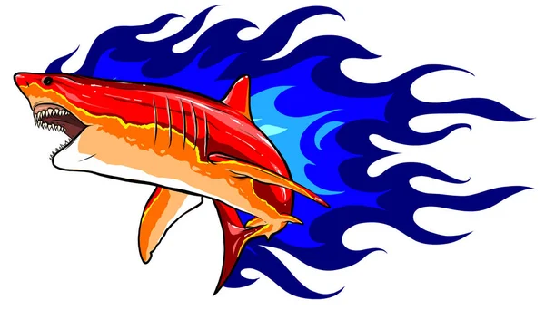 Emblema tiburones y fuego vector ilustración diseño — Vector de stock