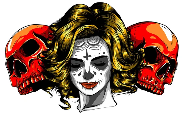 Meisje met skelet make-up hand getekend vector schets. — Stockvector