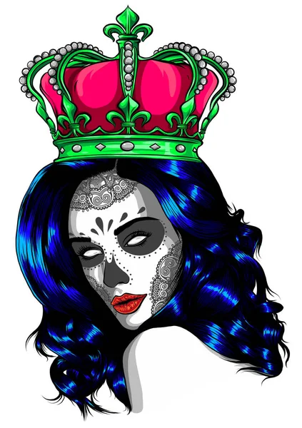 Crâne féminin avec une couronne et les cheveux longs. Reine de la mort dessinée dans le style tatouage. Illustration vectorielle. — Image vectorielle