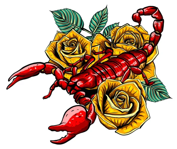 Σκορπιός και τριαντάφυλλα - χρώμα τατουάζ, διανυσματική απεικόνιση — Διανυσματικό Αρχείο